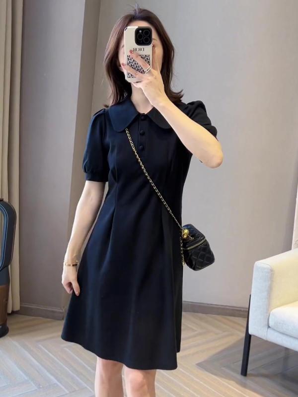 ワンピース レディース 大きめ サイズ ブラック ポロカラ 夏用 ゆったりシルエット お腹カバー スリムライン 膝丈 コットン混 軽量 通..