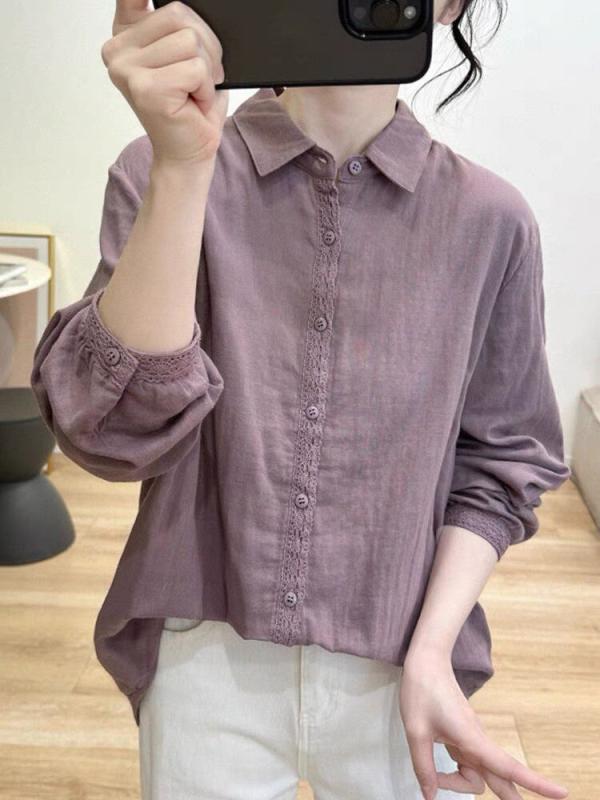 乐天商城 - シャツ レディース 長袖 綿麻 ゆったり リラックス カジュアル トップス ベースレイヤー 秋冬 通気性 吸湿 軽量