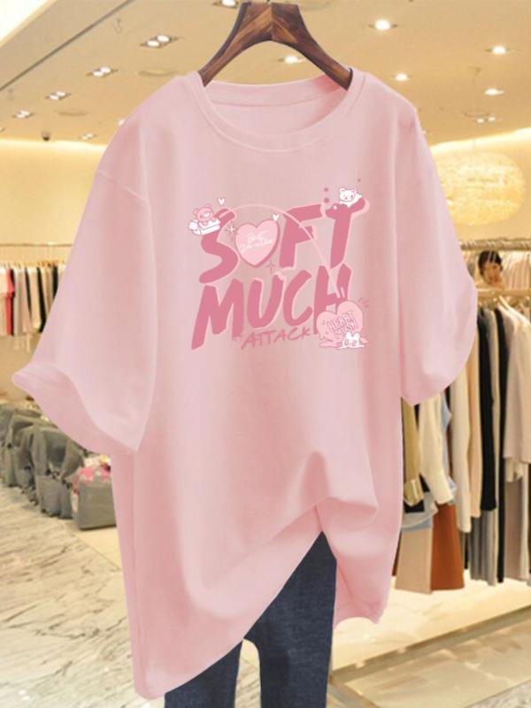 Other - レディース ピンク 半袖 ゆったり Tシャツ コットン アルファベット プリント 中長丈 夏用 トップス カジュアル 普段使い 軽量 吸湿速乾