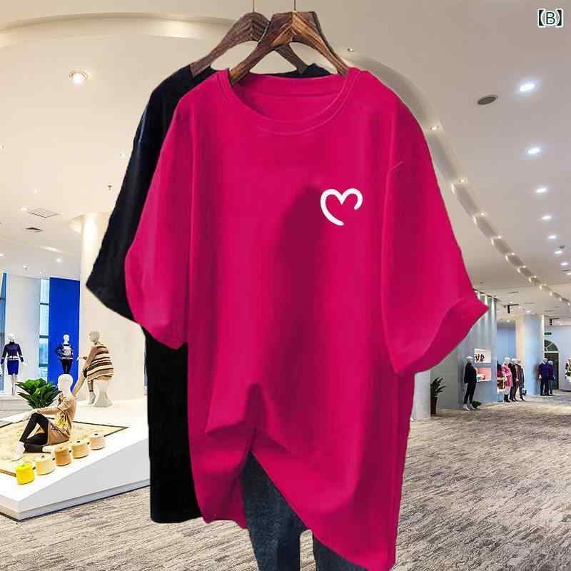 Tシャツ レディース 短袖 中長丈 綿素材 ゆったりシルエット ピンク系 夏用 トップ...