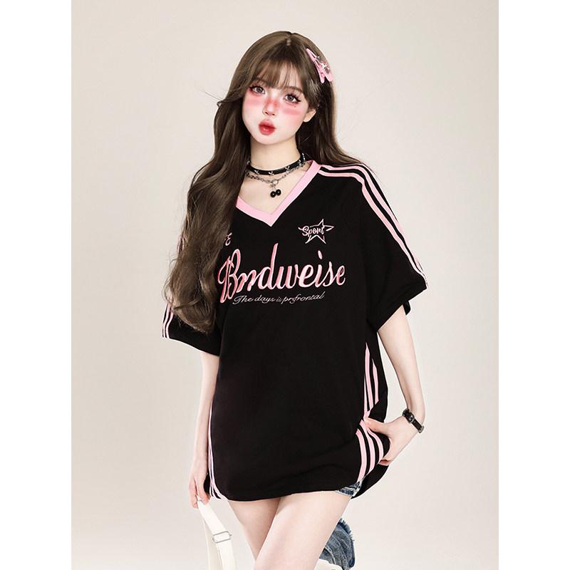 アメリカン レトロ 女性用 夏 ゆったり Vネック 短袖 Tシャツ コントラストカラー 切り替え オーバーサ..