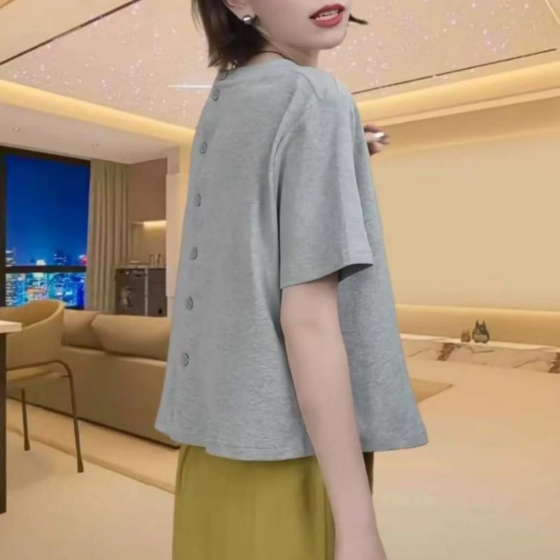 Tシャツ レディース ゆったり 短袖 綿100% 夏用 ラウンドネック 後ろボタン ぽっちゃり向け カジュアル トップス ルーズフィット 普段..