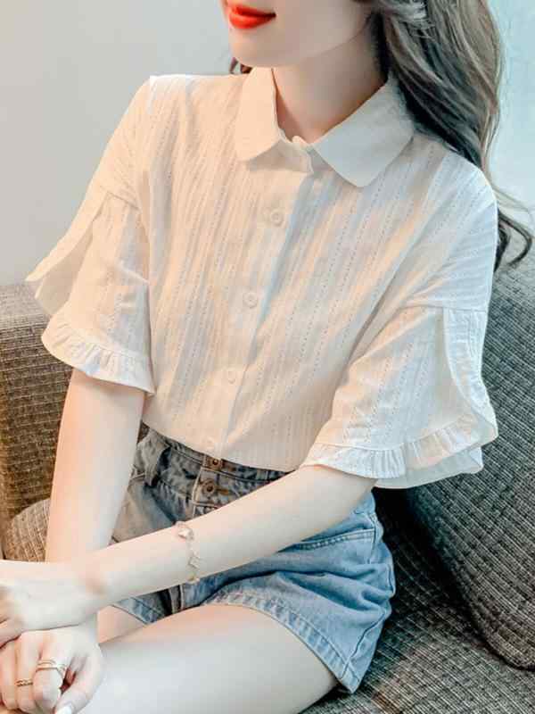 レディース 白 フリル 短袖 シャツ 日系 スタイル 夏 トップス 軽やか 綿素材 シンプル かわいい フレッシュ コーディネート 普段使い