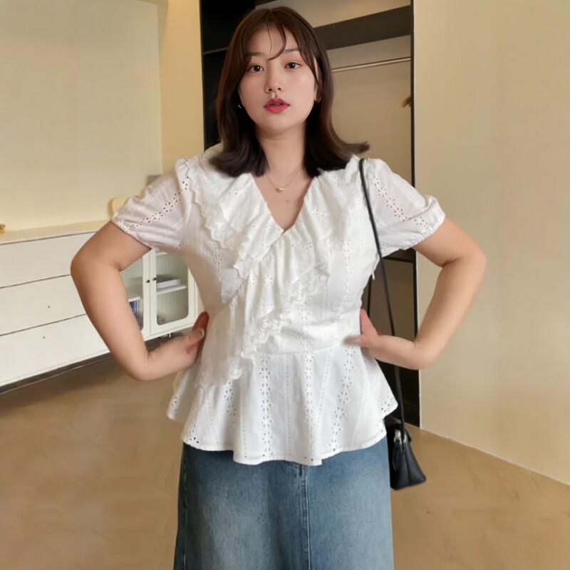 レディース シャツ 夏用 刺繍 レース フリル Vネック ショート丈 ぽっちゃり対応 スリム効果 ウエスト切り替え かわいい トップス ブラウス ゆったりシルエット スタイルアップ 軽量 吸湿速乾 通勤 普段使い