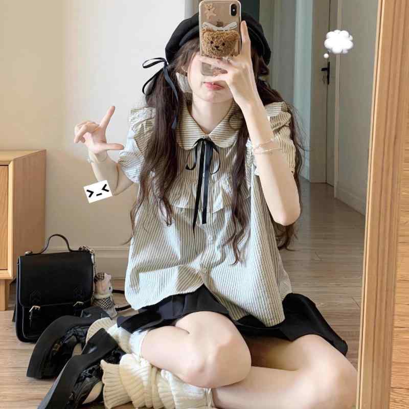 レディース ストライプ柄 フリル パフスリーブ ブラウス 秋 スイート デザイン 小柄対応 スリム ショート丈 トップス カジュアル 普段使い 軽量 コットン混 スタイリッシュ