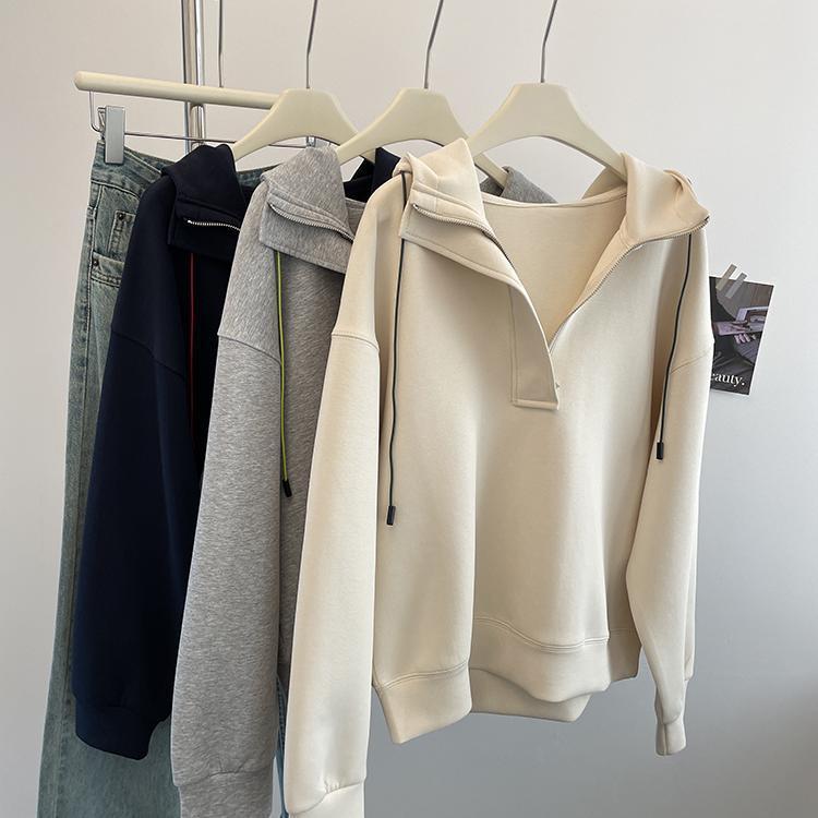 秋冬 レディース 韓系 スタンドカラー 半ファスナー フード付き スウェットパーカー ゆったり ワイドシ..