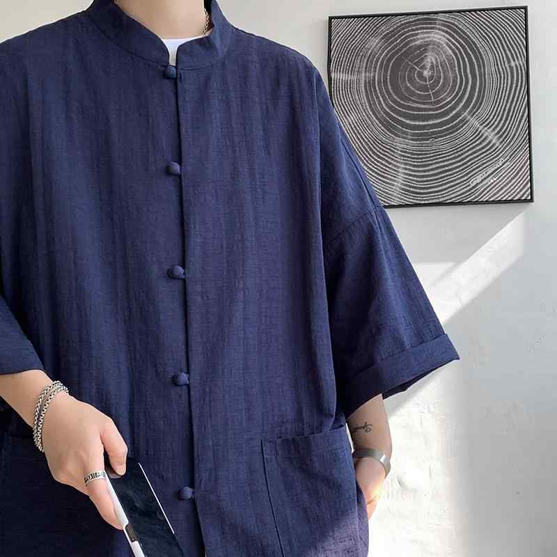 T-Shirts - 漢服 メンズ 濃紺 立て襟 七分袖 綿麻 中国風 道袍 唐装 トップス ゆったり 伝統柄 普段使い