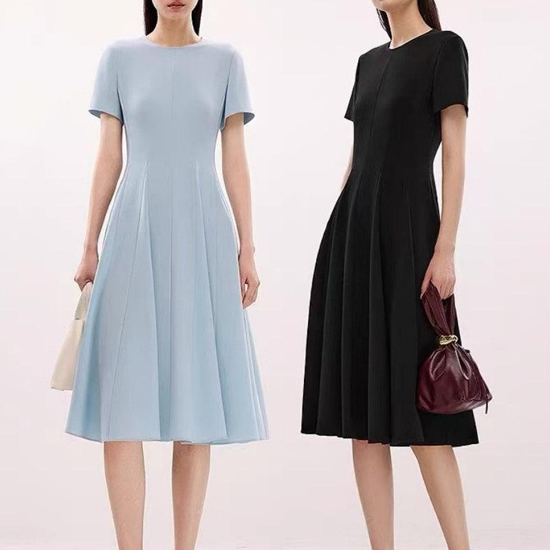 レディース ワンピース 夏 フランス風 Aライン 収腰 短袖 ロング丈 細見せ スタイルアップ エレガント ファッション ドレス ミディ丈 軽やか シルエット