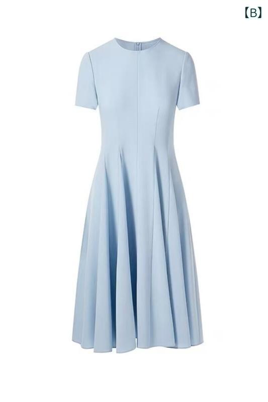 レディース ワンピース 夏 フランス風 Aライン 収腰 短袖 ロング丈 細見せ スタイルアップ エレガント ファッション ドレス ミディ丈 軽やか シルエット