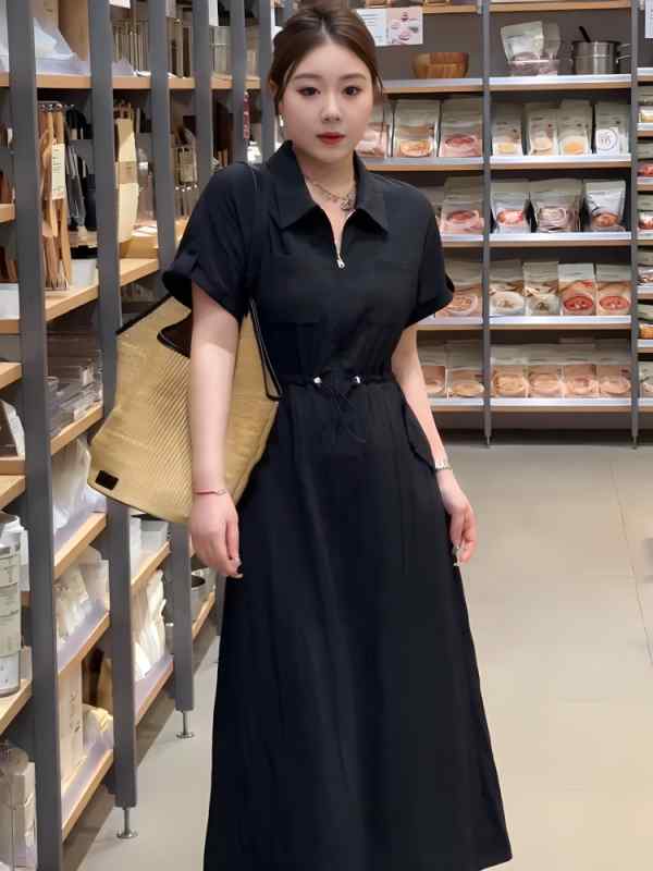 レディース ワンピース ブラック 夏 大きめサイズ 高級感 ワーク風 スリム効果 ウエストシェイプ スタイリッシュ シャツドレス 通勤 普..