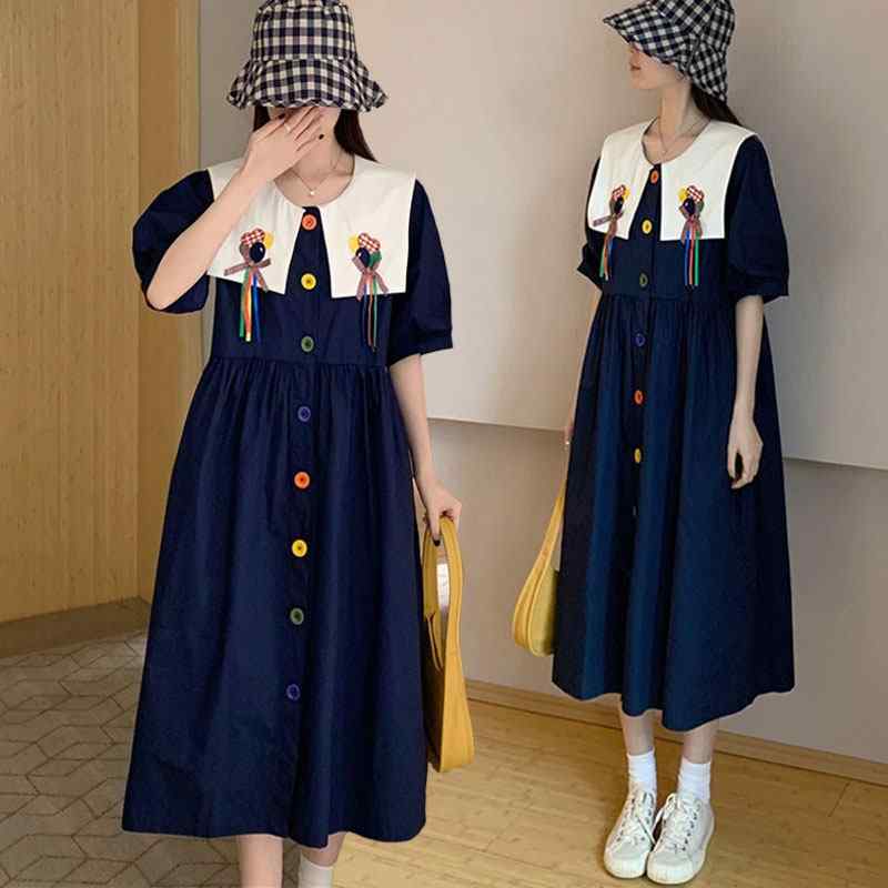 ワンピース レディース 夏 大きいサイズ ぽっちゃり対応 スリム効果 お腹カバー フレンチスタイル コントラストカラー ドールネック 刺繍 リゾートロングドレス 軽量素材 伸縮性 通勤普段使い ビッグシルエット Vネック風