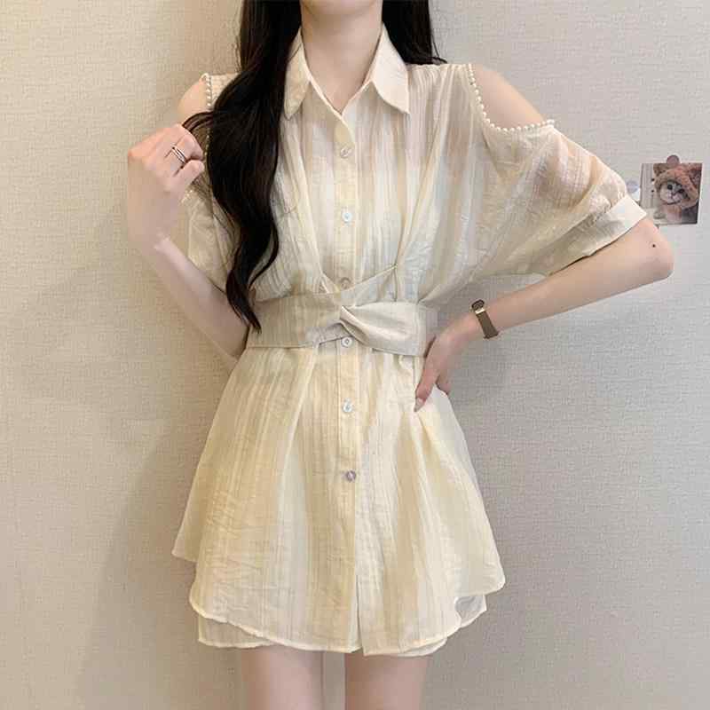 ワンピース レディース 大きめサイズ 上品 ショート丈 シャツ 夏用 ぽっちゃり対応 スリム見え 高級感 コーディネート セット 軽やか 日常使い