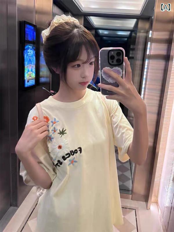乐天商城 - Tシャツ レディース 短袖 雛菊 刺繍 植物 花柄 夏 カジュアル ビンテージ トップス アメリカン スタイル ストリート 軽量 コットン 混