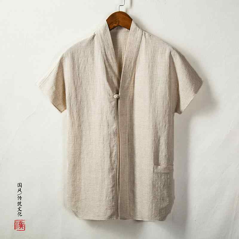 乐天商城 - メンズ 夏 短袖 綿麻 シャツ ゆったり 大きめ 唐装 中式 スタイル 禅茶服 カジュアル リラックス 着用 通気性 良い 軽量 素材