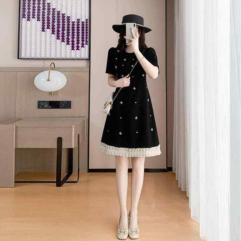 ワンピース レディース フランス風 高級感 重厚加工 夏用 ファッション スリムフィット スリム効果 若見え スタイリッシュ 軽量 伸縮性・スタイル: 法式風・ウエスト位置: 中高腰・柔軟性: 柔軟・袖型: パフスリーブ・スカート型: Aライン・セット: 単品・厚み: 薄手・袖丈: 短袖・スカート丈: ミドル・ネックライン: ラウンドネック・柄: 無地・着用方法: プルオーバー・サイズ展開: M.L.XL.2XL.3XL・カラー展開: ブラック