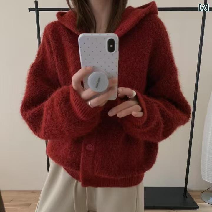 カーディガン 女性用 秋冬 柔らか素材 ゆったりシルエット ニット 開き フード付き セーター 暖か コットン混 ラウン（2枚目）