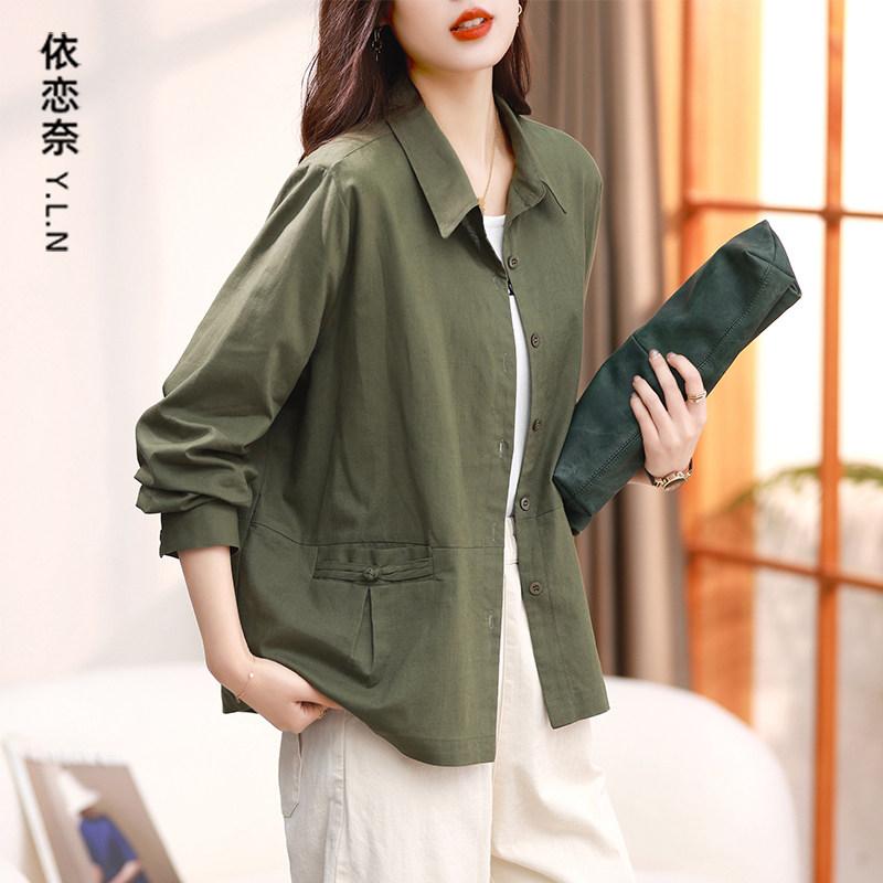 ジャケット 女性用 コットン リネン 短め シャツ 春秋 薄手 ゆったり 軽量 通気性 シルエット スタイリッシュ カジュアル トップス・・ネックライン: POLO・柄: 無地・カラー展開: グリーン.ブラウン・袖丈: 長袖・着丈: 標準・シルエット: ・主な素材: 亜麻55%.苧麻45%・詳細: スプライス.パッチ.ポケット.立体装飾.ステッチ.ボタン.盤扣・サイズ展開: M.L.XL.2XL