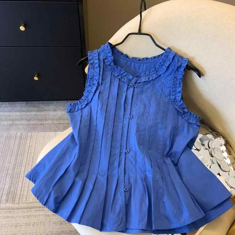 ノースリーブブラウス レディース 夏 ブルー フレンチスタイル プリーツ フリルエッジ ドール風 ウエストカバー フレアヘム ゆったりシルエット 軽量 吸湿速乾 接触冷感 トップス かわいい 普段使い