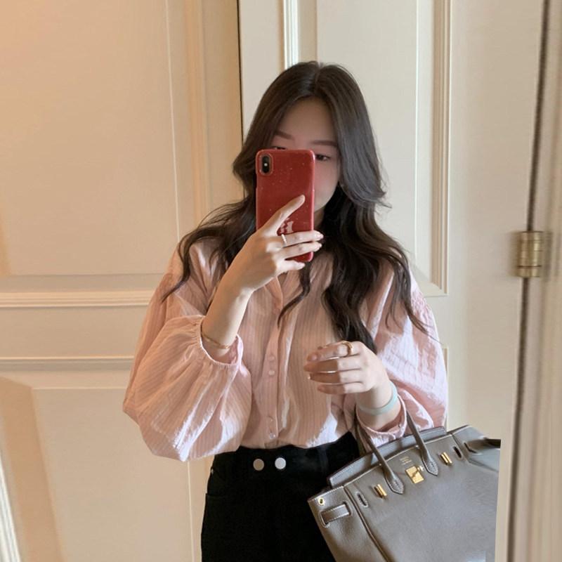 Rakuten - ブラウス レディース 提灯袖 ストライプ 長袖 UVカット ゆったり ビッグシルエット トップス カジュアル ビジネス 春秋