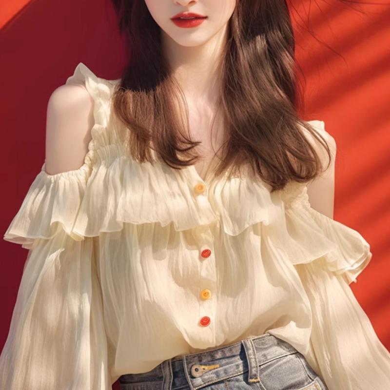 乐天商城 - レディース 夏 オフショルダー フリル フレンチ シフォン ブラウス ドールシャツ トップス 高級感 軽量 伸縮性 吸湿速乾 女性用 肩出し 袖なし 涼しい 日常使い 通勤 かわいい