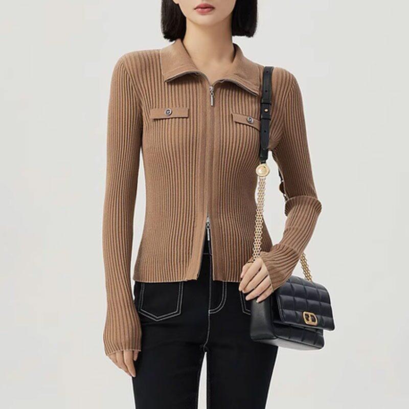Knit Sweater - カーディガン ウール ニット ショート丈 ダブルジッパー スリム スタイルアップ 春秋 暖か レイヤード 女性用 柔らかい素材 カジュアル