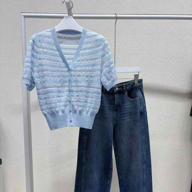 夏用 女性用 Vネック 接触冷感 ストライプ 短袖 ニット トップス カジュアル 普段使い 軽量 吸湿速乾 綿混 ビッグシルエット