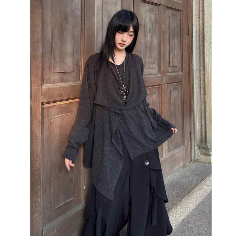 No Sleeve Knit - 長袖 ニットセーター 高級感 スカーフ襟 切り替え アシンメトリー トップス 伸縮性 素材 普段使い カジュアル