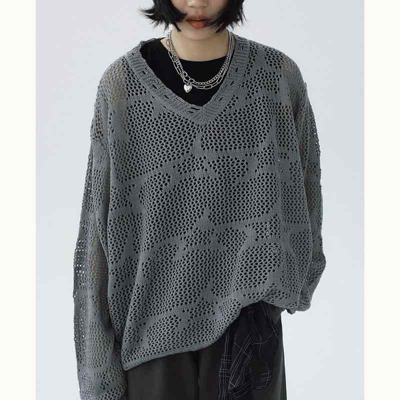 Three-Quarter Knit - カーディガン レディース Vネック 長袖 ニット トップス 星柄 透かし ダメージ ゆったり 薄手 軽量 伸縮性 春夏 カジュアル 普段使い