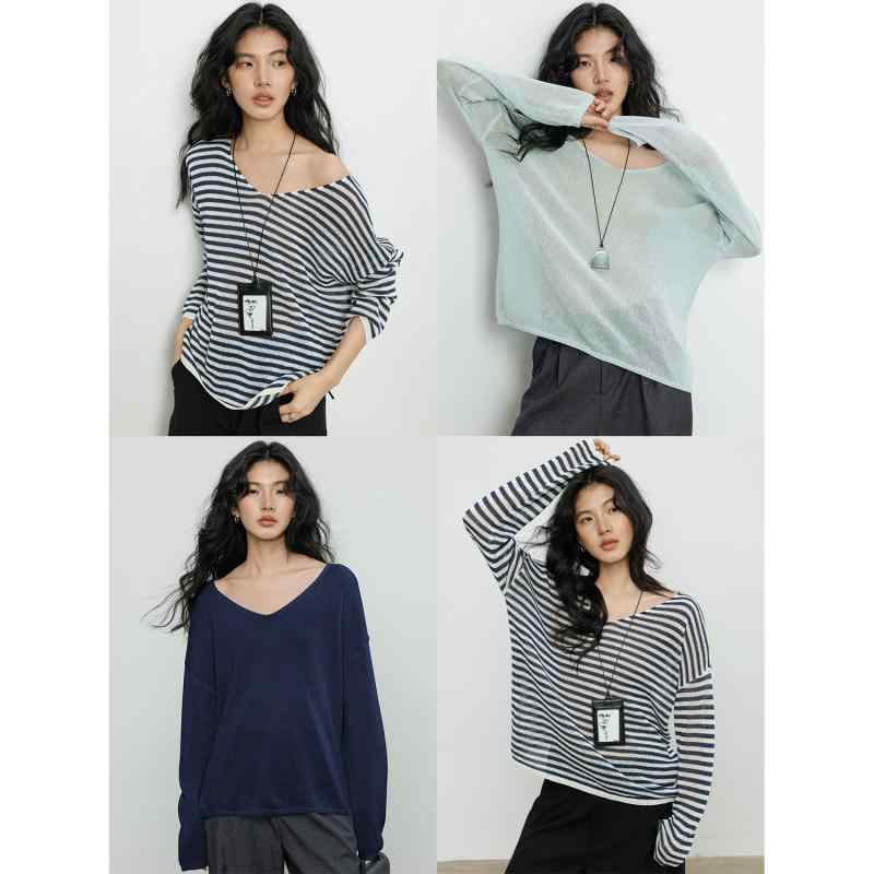 Long-Sleeved Knit - レディース 夏用 Vネック ゆったり UVカット ロングスリーブ トップス コーマ綿 薄手 ニット シャツ 防紫外線 軽量 吸湿速乾 普段使い アウトドア