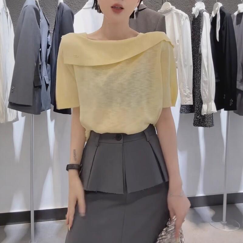 乐天商城 - レディース 夏用 ニット 半袖 Tシャツ ボートネック ゆったり ビッグシルエット 高級感 カジュアル トップス 普段使い 通気性 柔らかい素材