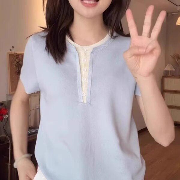 レディース ビッグサイズ 韓国 ゆったり ニット トップス 短袖 配色 フェイクツーピース 切り替え カジュアル 普段使い 伸縮性 春夏 コーディネートしやすい・スタイル: 韓国通勤・シルエット: ・生地: ニット・: プルオーバー・袖丈: 半袖・ネックライン: クルーネック・柄: 配色・サイズ展開: M.L.XL.2XL.3XL.4XL・カラー展開: イエロー.ブルー.ホワイト