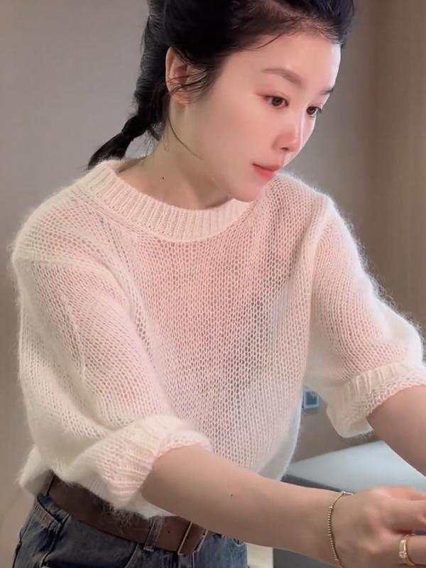 Three-Quarter Knit - レディース 夏 短袖 ニット トップス クルーネック ゆったり 通気性 薄手 プルオーバー 韓国 スタイル 普段使い 軽量 吸湿速乾 カジュアル