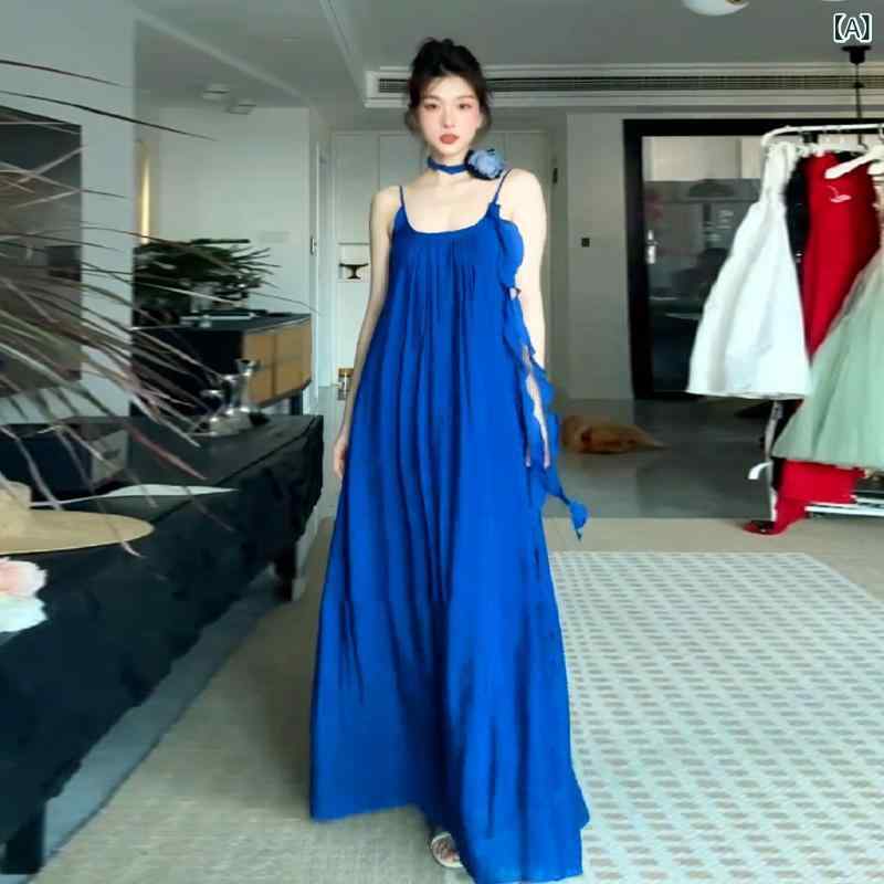 ワンピース レディース 夏 ブルー ストラップ ロングドレス ビーチ リゾート 軽量 伸縮性 吸湿速乾 ビッグシルエット 爽やか コーデ