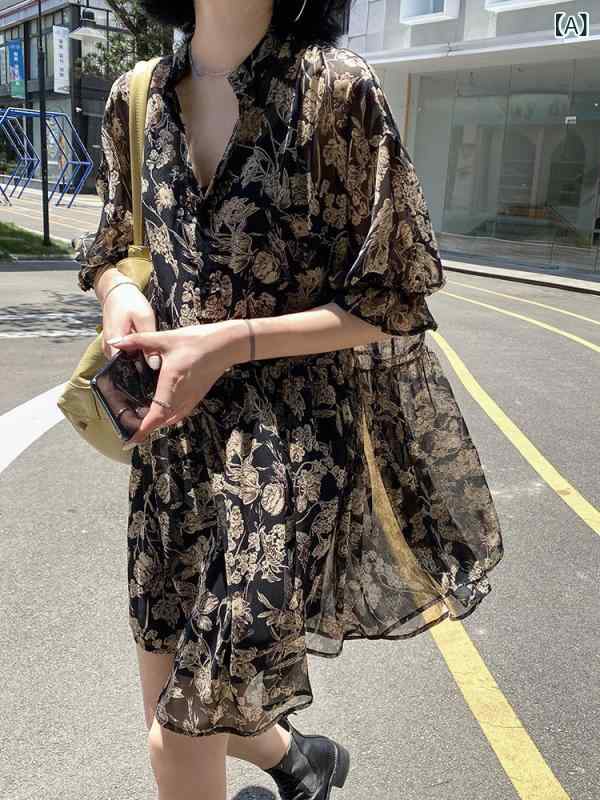 ワンピース レディース 夏 シフォン 花柄 Vネック ゆったり ウエストシェイプ スリム レトロ フランス風 優しい ラフ 軽量 涼しい 日常使い
