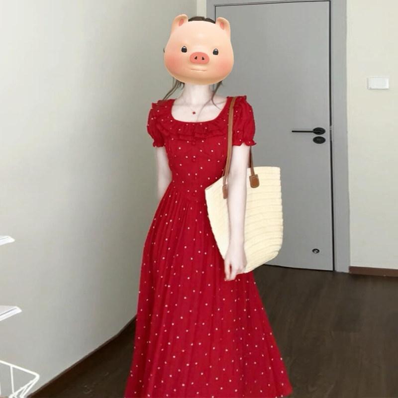 ワンピース レディース フランス風 レトロ 赤 ポルカドット パフスリーブ ウエストイン Aライン ロング リゾート カジュアル かわいい 夏 軽やか ビッグシルエット トップス ドレス 普段使い 外出着