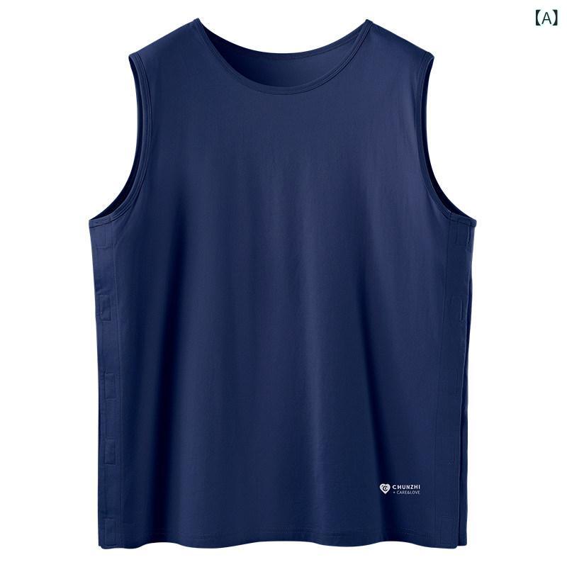 男性 高齢者用 夏用 綿 無袖 看護背心 骨折患者対応 肩開き 全開式 着脱容易 通気性 介護服 タンクトップ 軽量 伸縮性