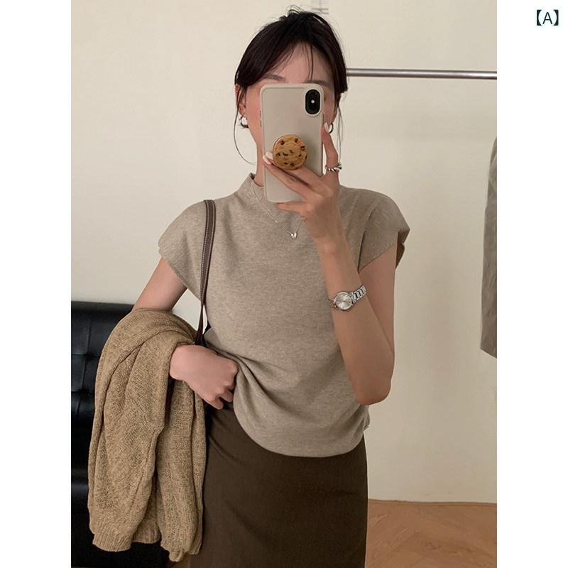 トップス 女性用 夏 ハーフハイネック パフスリーブ ショートスリーブ ストレートショルダー スリムフィット ショート丈 接触冷感 ニット 軽量 吸湿速乾 伸縮性 カジュアル 普段使い・・シルエット: スリム・柄: 無地・袖丈: 短袖・ネックライン: クルーネック・着丈: 標準・サイズ展開: S.M.L・カラー展開: オートミール.白.黒.キャメル.コーヒー.杏