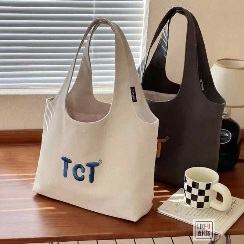 C, G, K - トートバッグ キャンバス 素材 片肩 ショルダー 韓国 スタイル アート アルファベット 刺繍 通勤 通学 お出かけ カジュアル 学生 向け 日常 使い 丈夫 鞄