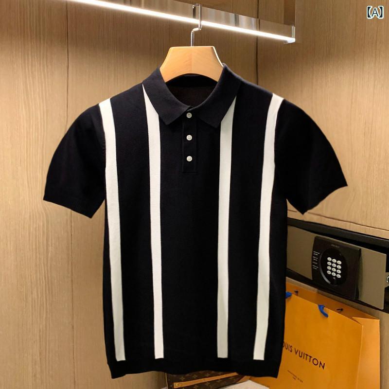 ポロシャツ メンズ 夏用 ミックスカラー ストライプ 高級感 スリムフィット イギリススタイル ビジネス 通勤 オフィス ニット生地 トップス シャツ 軽量 吸湿速乾
