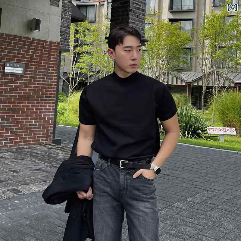 Other - メンズ ブラック ハーフハイネック プルオーバー ニット Tシャツ 短袖 スリム フィット インナー トップス カジュアル 普段使い 伸縮性 軽量 吸湿速乾