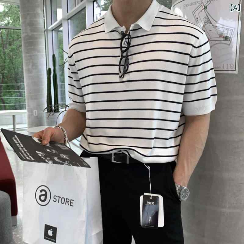 Other - メンズ 短袖 Tシャツ トップス ニット ストライプ プルオーバー 襟付き シンプル 春夏 カジュアル 普段使い 軽量 柔らかい 素材