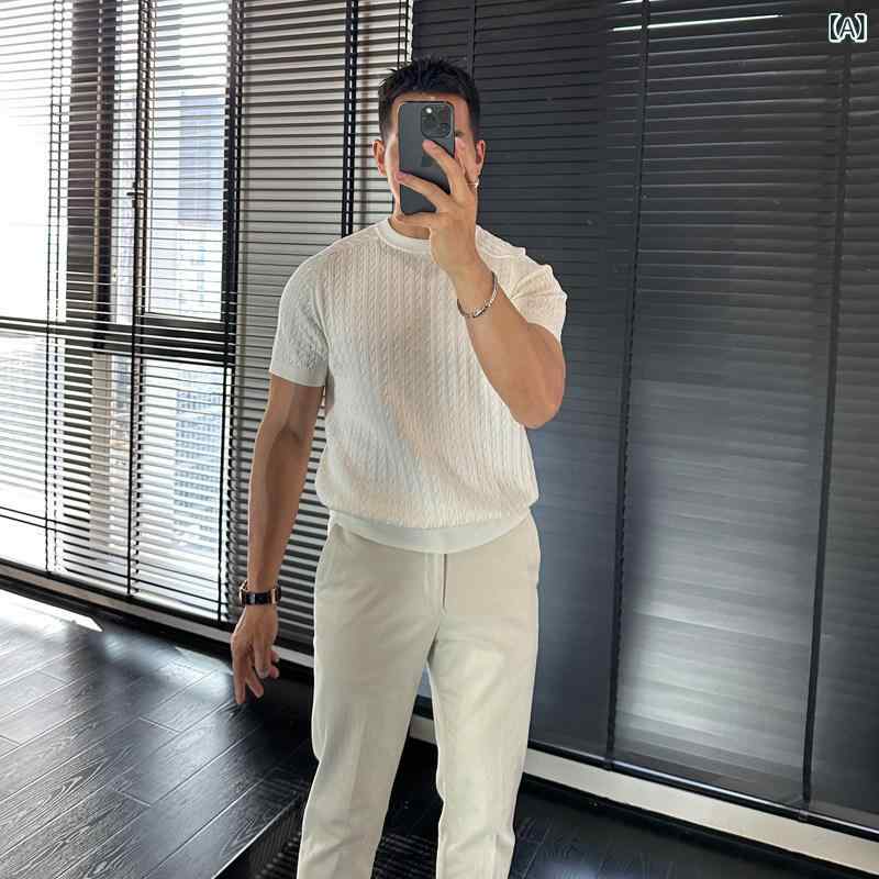 Tシャツ 男性用 ケーブルニット 半袖 ラウンドネック スリムフィット 夏用 カジュアル スタイリッシュ トップス インナー 普段使い 軽量 吸湿速乾