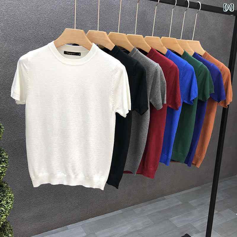 半袖 ニット Tシャツ メンズ スタイリッシュ インナー ベースレイヤー トップス 普段使い コットン混 軽量 伸縮性