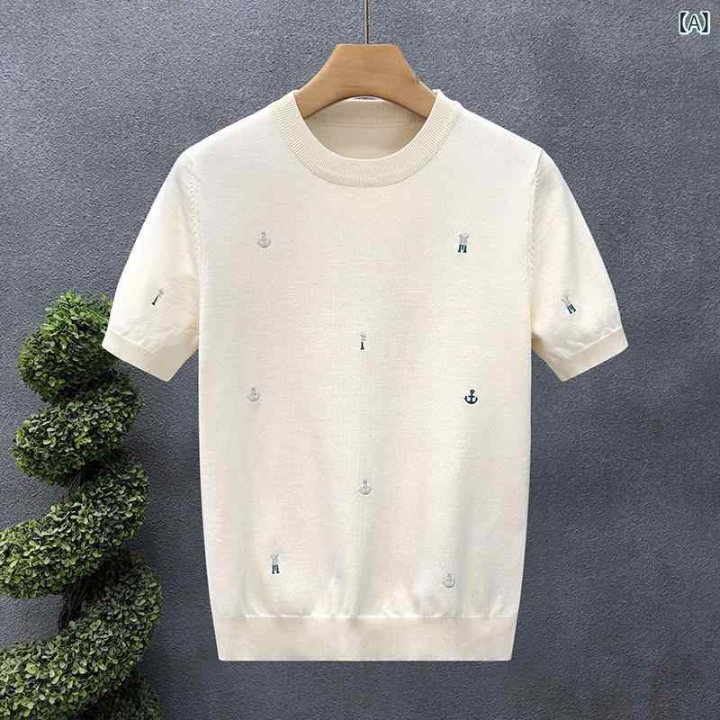メンズ 夏用 軽量 ニット 半袖トップス 杏色 刺繍 クルーネック カジュアル 吸湿速乾 通気性 ピーチ系