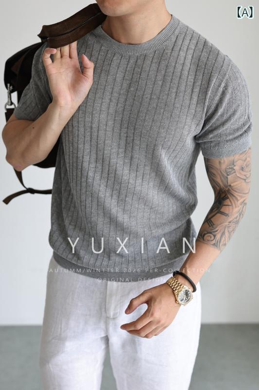 Tシャツ リネン混紡 再生繊維 通気性 イタリア風 ストライプ ニット 短袖 カジュアル ビジネス トップス 春夏 軽量 吸湿速乾 メンズ 普段使い 通勤用
