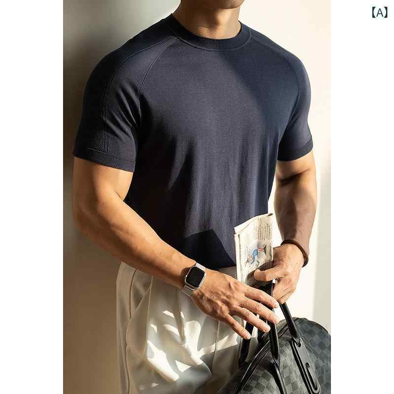 Tシャツ メンズ 春夏 ニット クルーネック 短袖 サドルショルダー ジャカード袖 再生繊維 　 混紡 軽量 吸湿速乾 カジュアル トップス 普段使い
