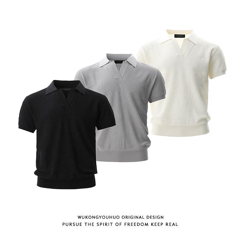 Three-Quarter Knit - ポロシャツ ニット 短袖 メンズ レディース 夏 ピンストライプ アメリカンスタイル クラシック 上品 スリムフィット ショート丈 カジュアル 普段使い 通勤用 伸縮性 快適