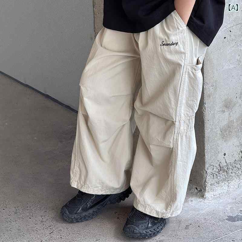 Long-Trousers, Trousers - ズボン キッズ 男の子 夏 薄手 綿100% アルファベット刺繍 切り替え ゆったり ワーク カジュアル 遊び着 日常使い 軽量 吸湿