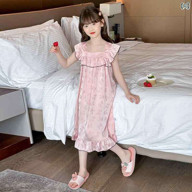 キッズ 女の子 夏用 寝巻きスカート 接触冷感 ストラップ プリンセス風 薄手 部屋着 ホームウェア ジュニア かわいい 軽量 通気性 良い ピンク系 カラー