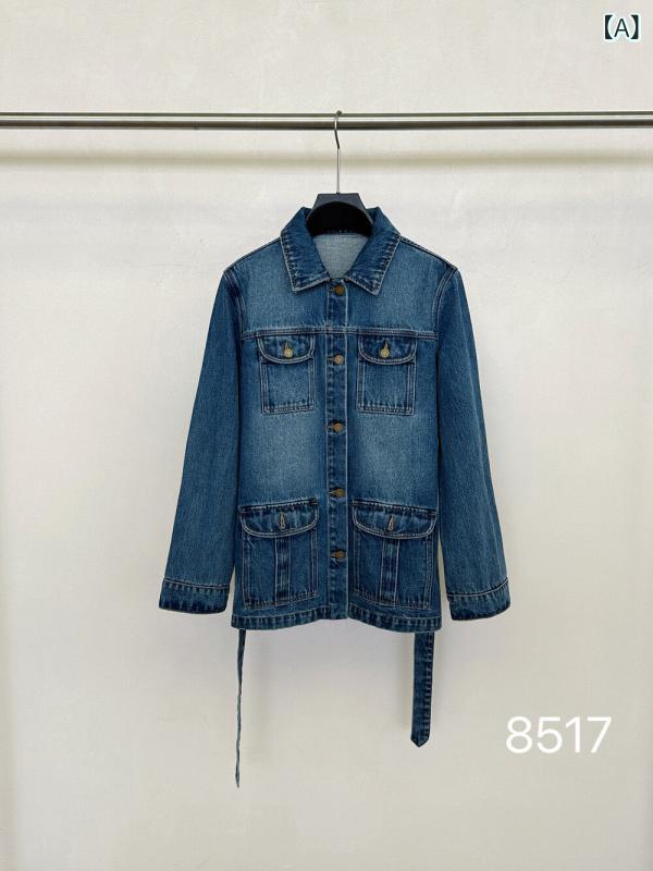 Other Jackets Jumpers - ジャケット レディース 秋 デニム レトロ 麻 切り替え 多ポケット 中長丈 ウエストベルト カジュアル ストリート 普段使い 通気性 軽量